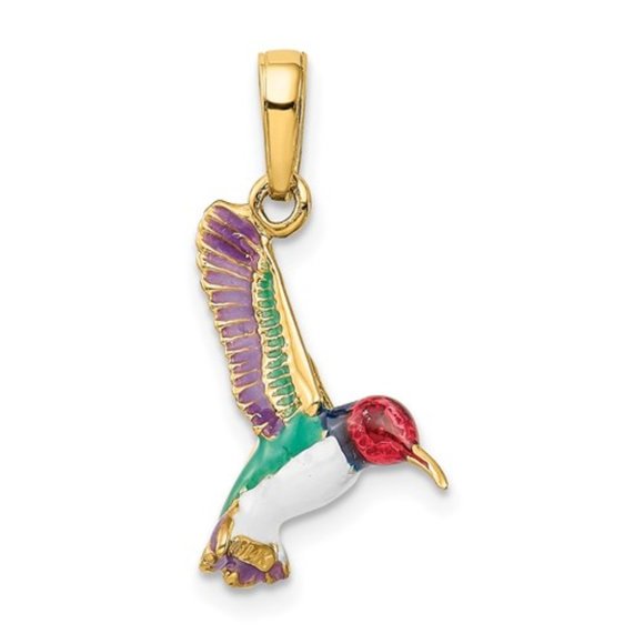14k Yellow Gold Multi-color Enameled 3-D Hummingbird Necklace Charm Pendant Bird - Picture 2 of 4
